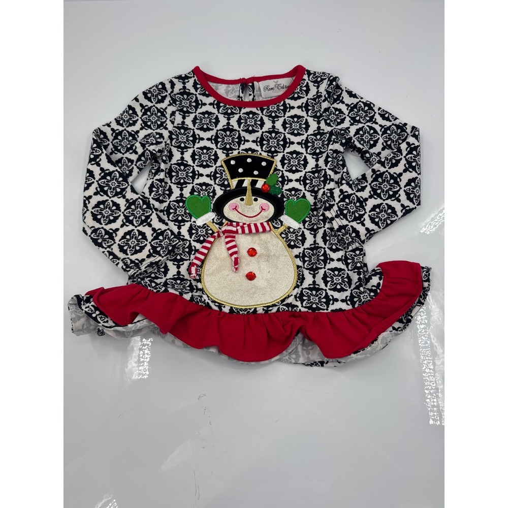Rare Editions Girls Snowman Applique Tunic Top Black White Red Ruffle Size 4